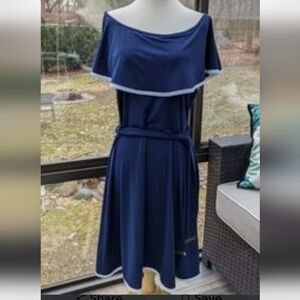 Large Michaels Navy Blue Midi Dress with White Trim